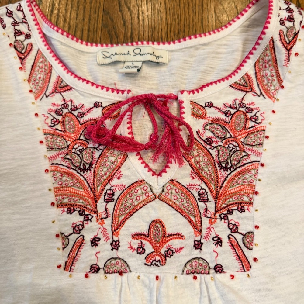 French Laundry Embroidered Boho Peasant Top Tassel Beaded White Pink Large - Picture 3 of 9
